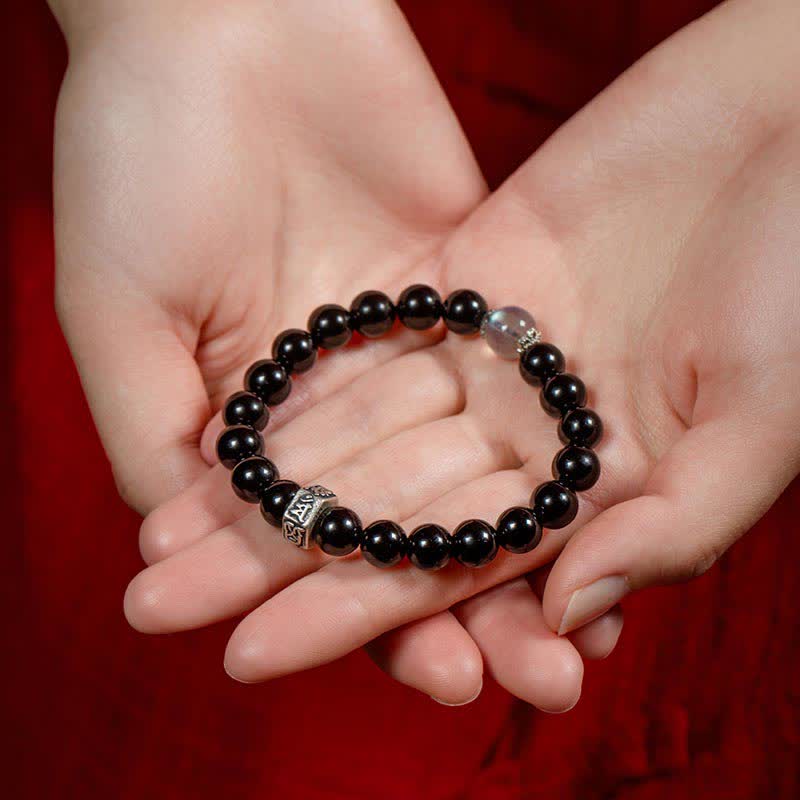 Bracelet unisexe de force du zodiaque chinois 8 mm en obsidienne et pierre de lune