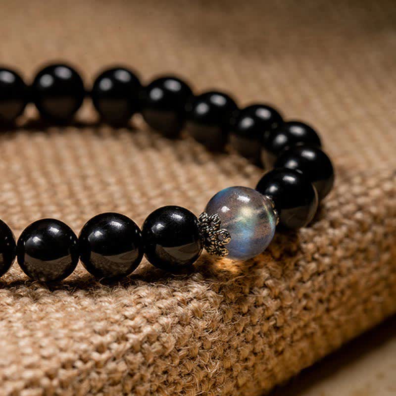 Bracelet unisexe de force du zodiaque chinois 8 mm en obsidienne et pierre de lune