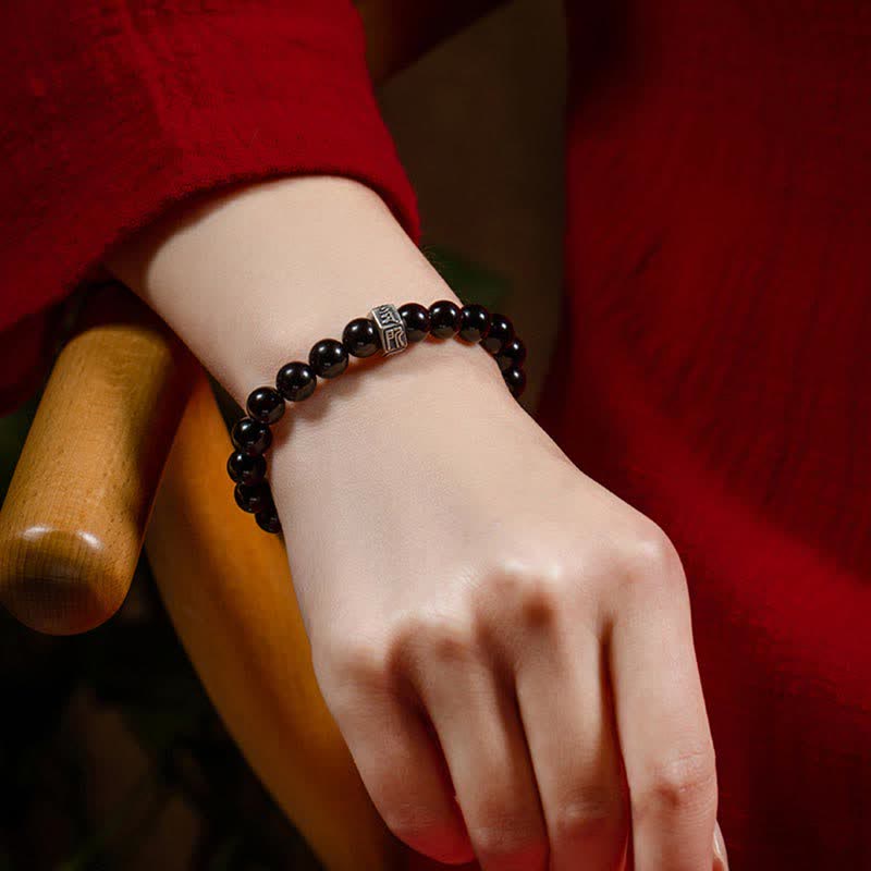 Bracelet unisexe de force du zodiaque chinois 8 mm en obsidienne et pierre de lune
