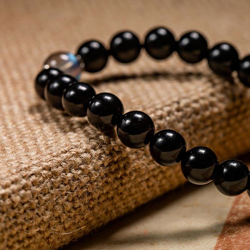 Bracelet unisexe de force du zodiaque chinois 8 mm en obsidienne et pierre de lune