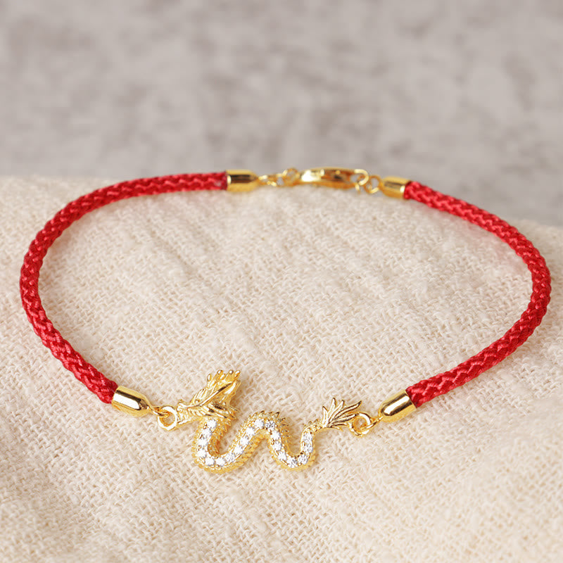 Bracelet unisexe en argent sterling 925 avec dragon et corde rouge et breloque dorée