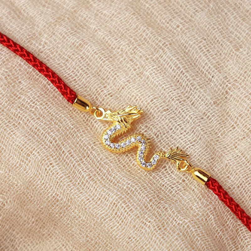 Bracelet unisexe en argent sterling 925 avec dragon et corde rouge et breloque dorée
