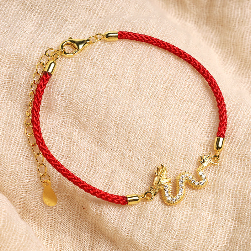 Bracelet unisexe en argent sterling 925 avec dragon et corde rouge et breloque dorée