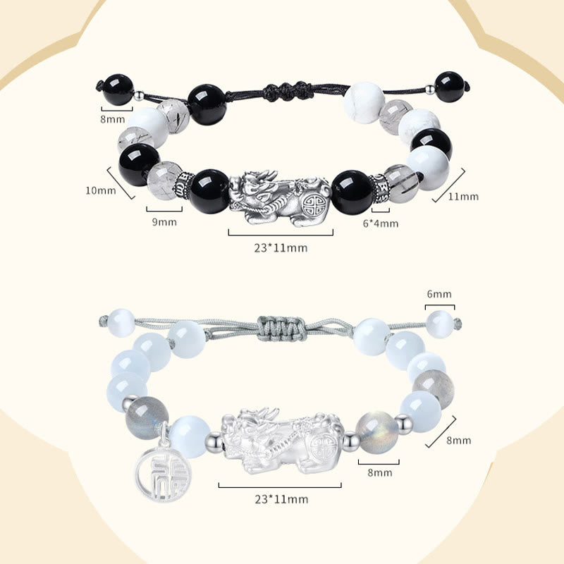 Bracelet unisexe en argent sterling 999 et obsidienne noire pour la chance