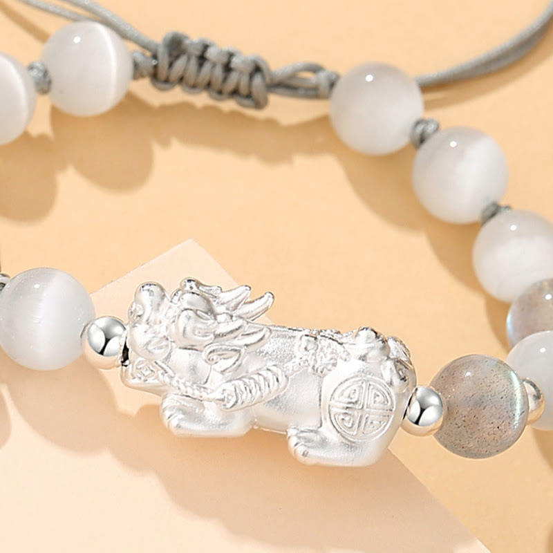 Bracelet unisexe en argent sterling 999 et obsidienne noire pour la chance