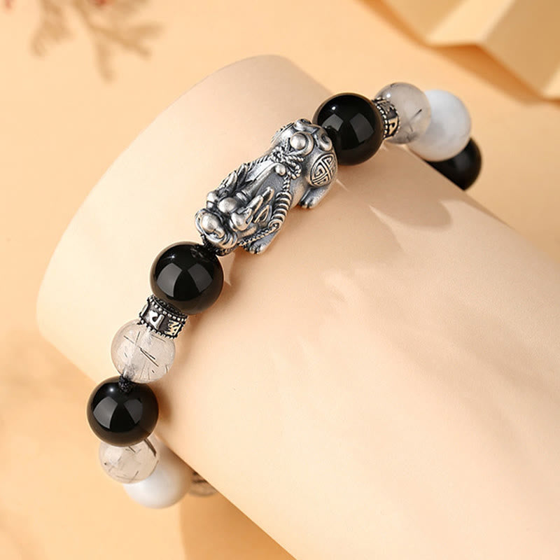 Bracelet unisexe en argent sterling 999 et obsidienne noire pour la chance