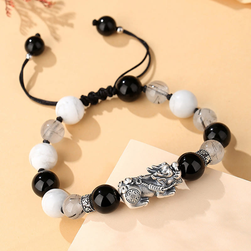 Bracelet unisexe en argent sterling 999 et obsidienne noire pour la chance