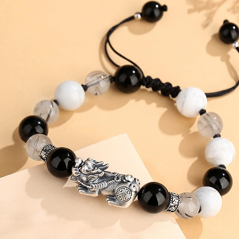 Bracelet unisexe en argent sterling 999 et obsidienne noire pour la chance