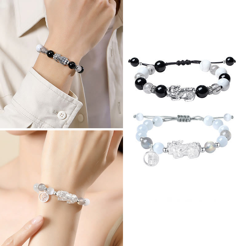 Bracelet unisexe en argent sterling 999 et obsidienne noire pour la chance