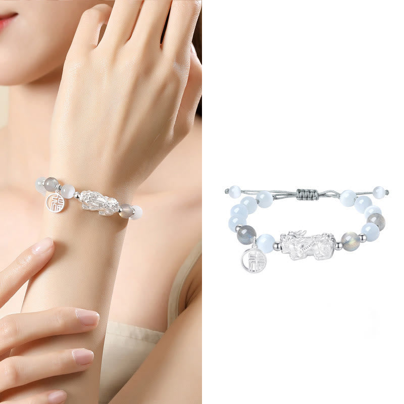Bracelet unisexe en argent sterling 999 et obsidienne noire pour la chance