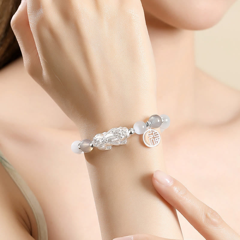 Bracelet unisexe en argent sterling 999 et obsidienne noire pour la chance