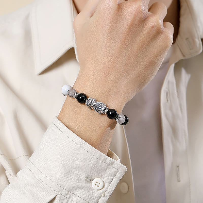 Bracelet unisexe en argent sterling 999 et obsidienne noire pour la chance