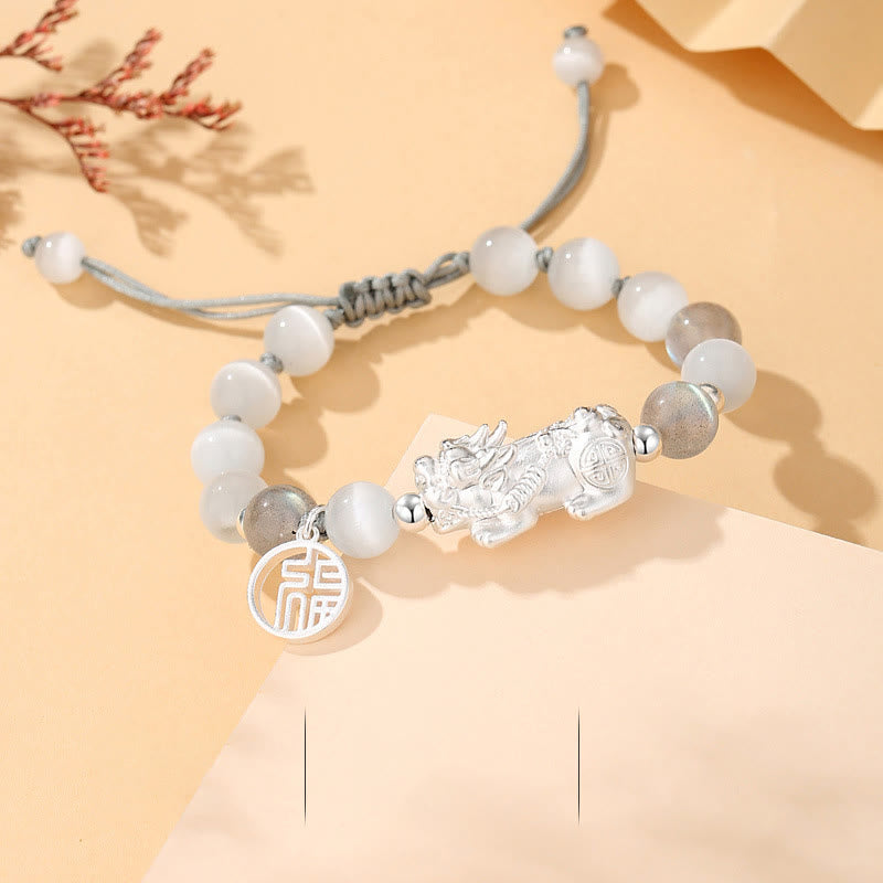 Bracelet unisexe en argent sterling 999 et obsidienne noire pour la chance