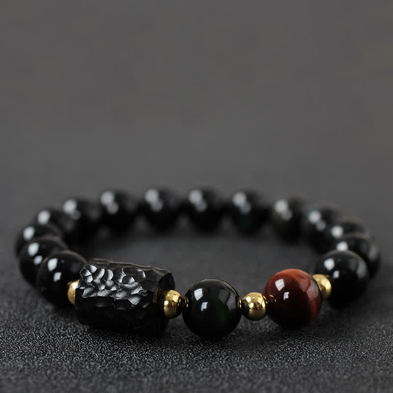 Bracelet unisexe en obsidienne noire et œil de tigre rouge 8 mm