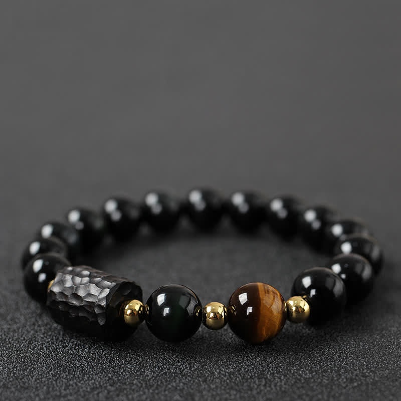 Bracelet unisexe en obsidienne noire et œil de tigre rouge 8 mm