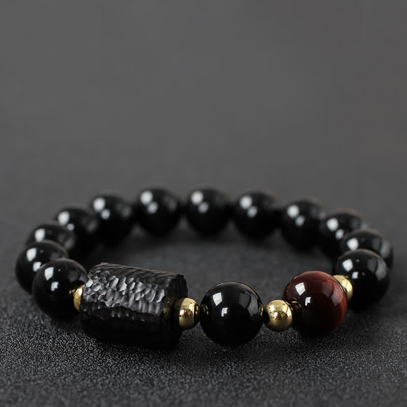 Bracelet unisexe en obsidienne noire et œil de tigre rouge 8 mm