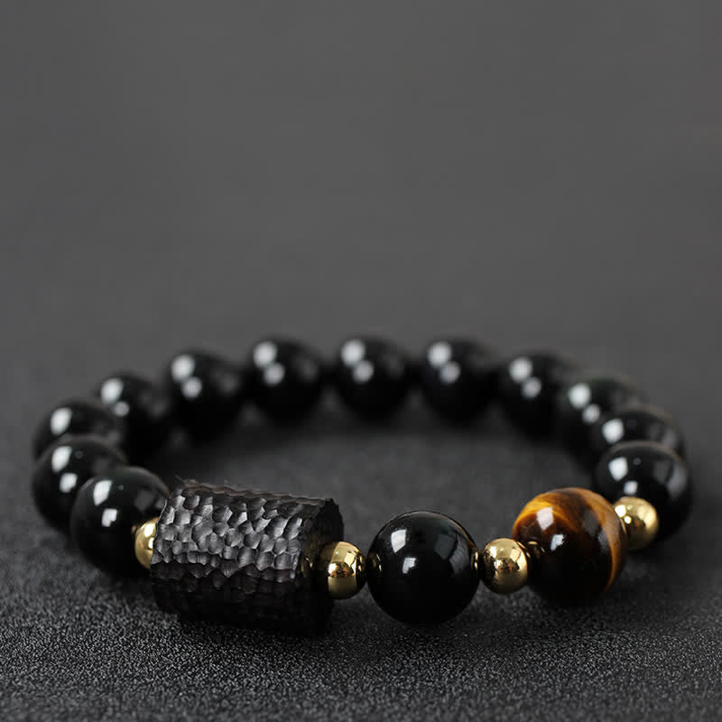 Bracelet unisexe en obsidienne noire et œil de tigre rouge 8 mm