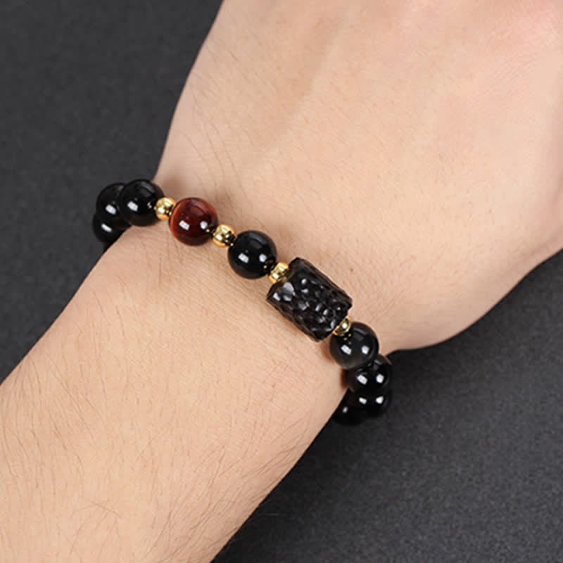 Bracelet unisexe en obsidienne noire et œil de tigre rouge 8 mm