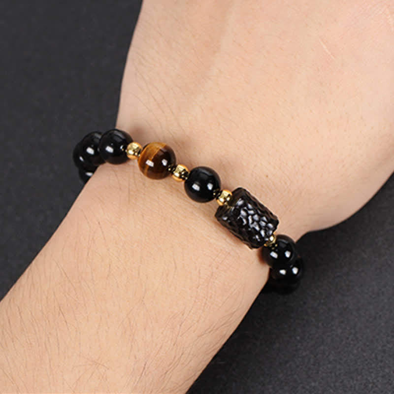 Bracelet unisexe en obsidienne noire et œil de tigre rouge 8 mm