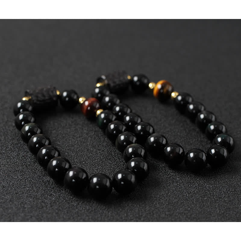 Bracelet unisexe en obsidienne noire et œil de tigre rouge 8 mm