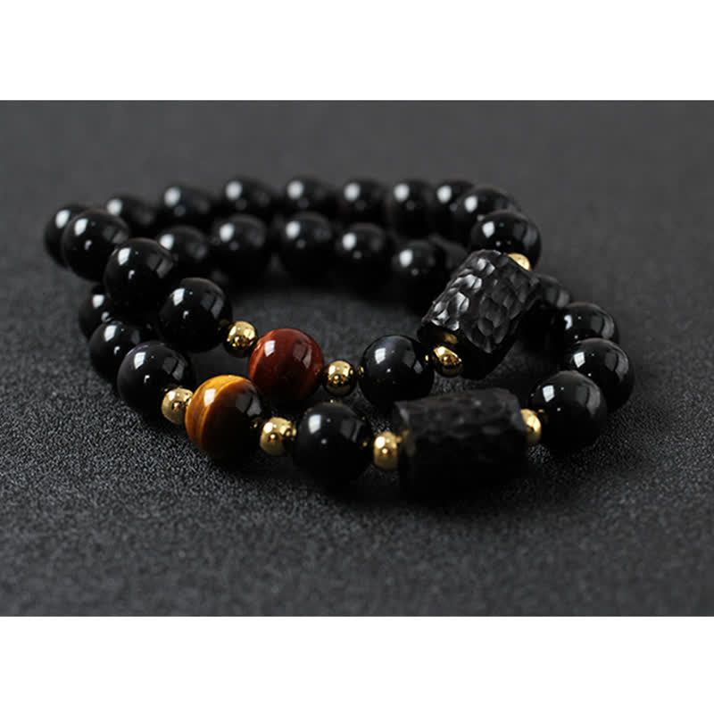 Bracelet unisexe en obsidienne noire et œil de tigre rouge 8 mm