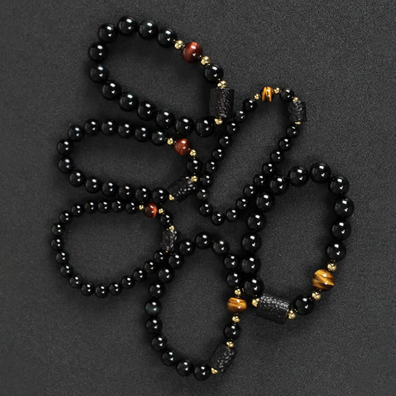 Bracelet unisexe en obsidienne noire et œil de tigre rouge 8 mm