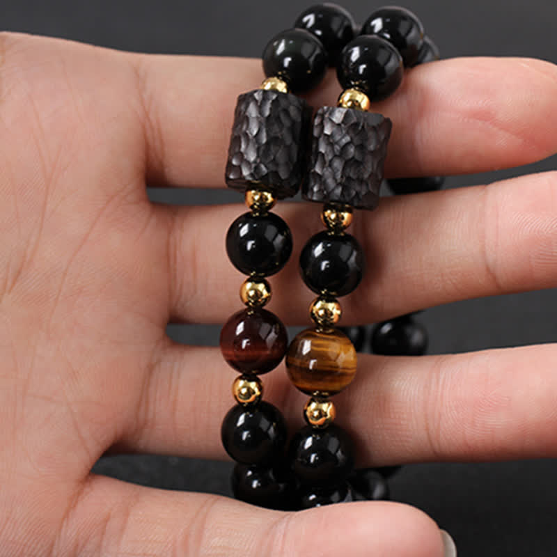 Bracelet unisexe en obsidienne noire et œil de tigre rouge 8 mm