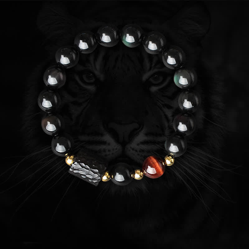 Bracelet unisexe en obsidienne noire et œil de tigre rouge 8 mm