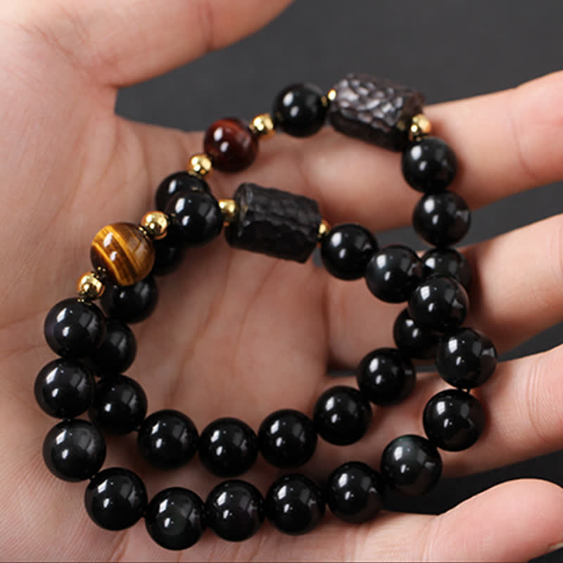 Bracelet unisexe en obsidienne noire et œil de tigre rouge 8 mm