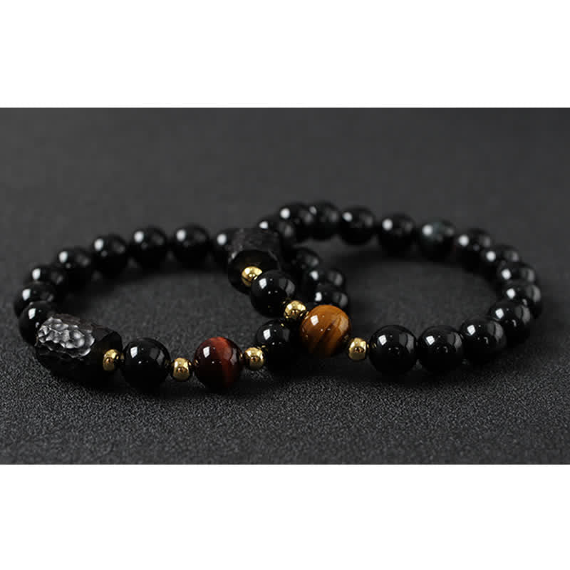 Bracelet unisexe en obsidienne noire et œil de tigre rouge 8 mm
