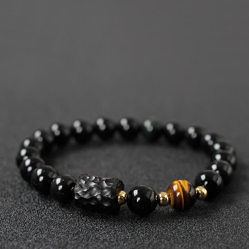 Bracelet unisexe en obsidienne noire et œil de tigre rouge 8 mm