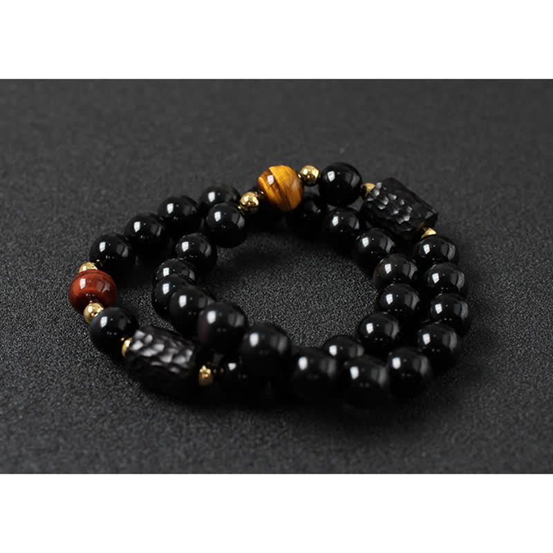 Bracelet unisexe en obsidienne noire et œil de tigre rouge 8 mm