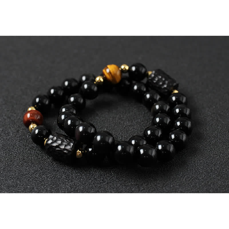 Bracelet unisexe en obsidienne noire et œil de tigre rouge 8 mm