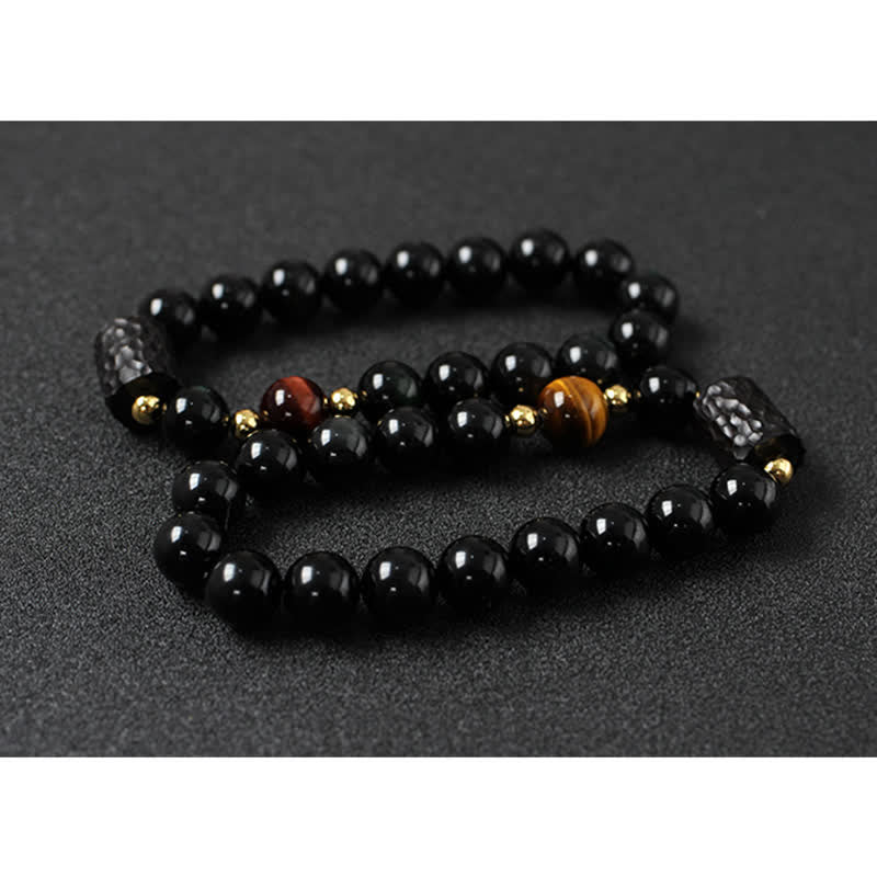 Bracelet unisexe en obsidienne noire et œil de tigre rouge 8 mm