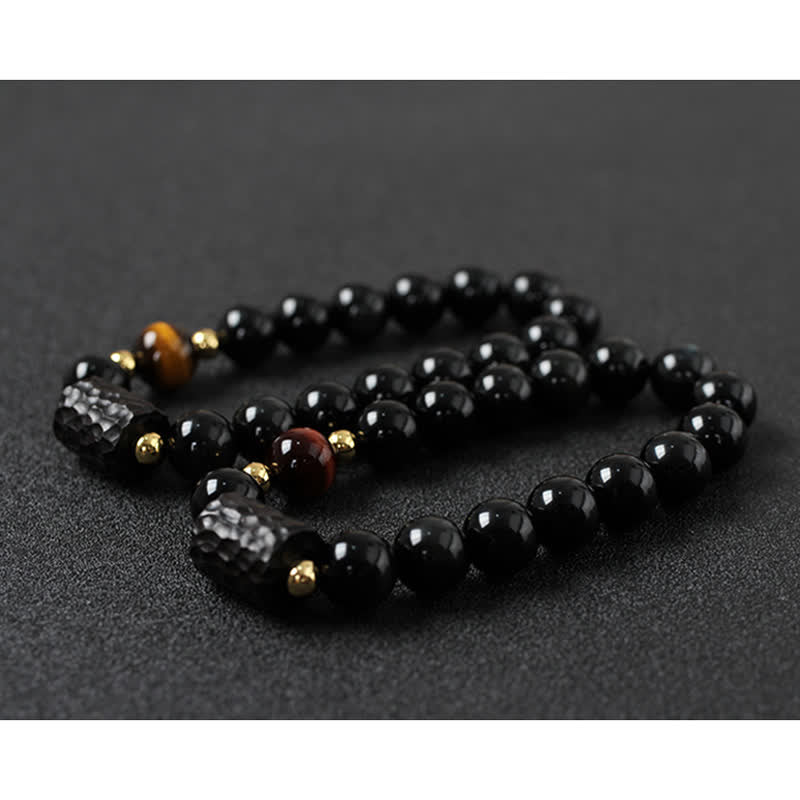 Bracelet unisexe en obsidienne noire et œil de tigre rouge 8 mm