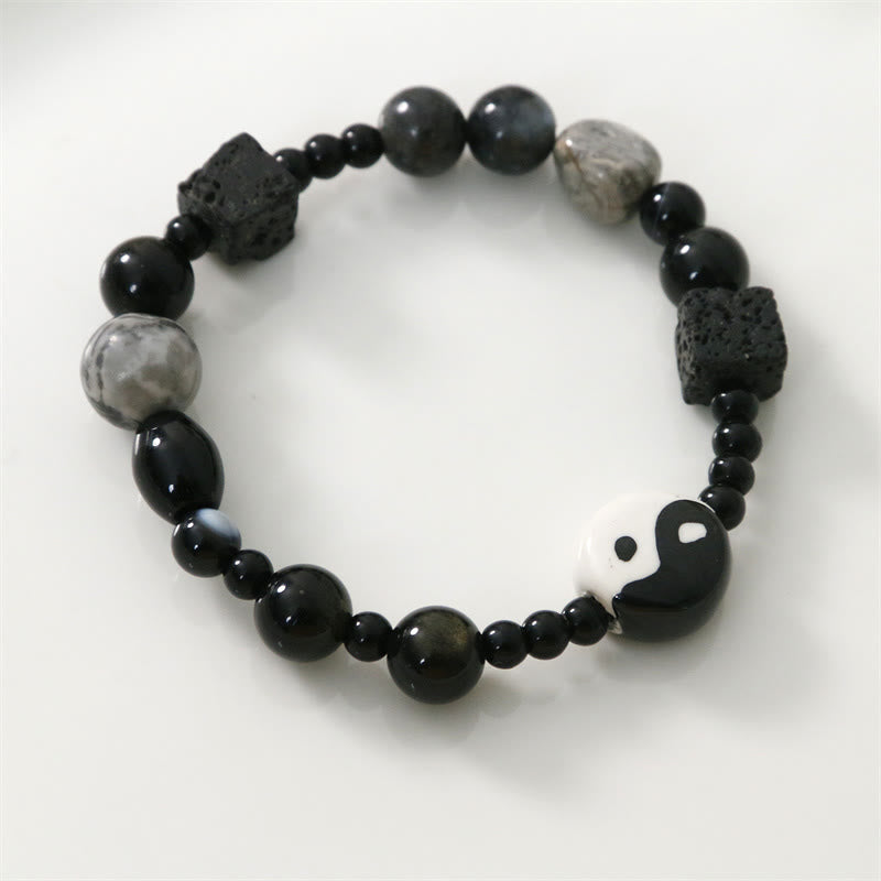 Bracelet unisexe en onyx noir Yin Yang pour l'équilibre et la protection