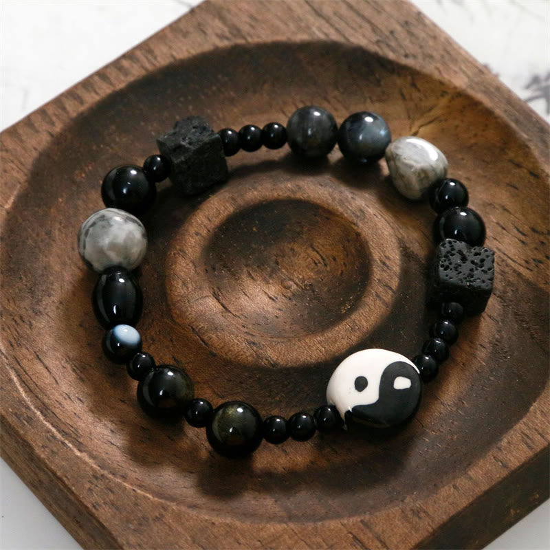 Bracelet unisexe en onyx noir Yin Yang pour l'équilibre et la protection