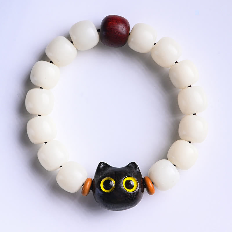Bracelet spirituel unisexe en graines et bois de Bodhi, chat porte-bonheur