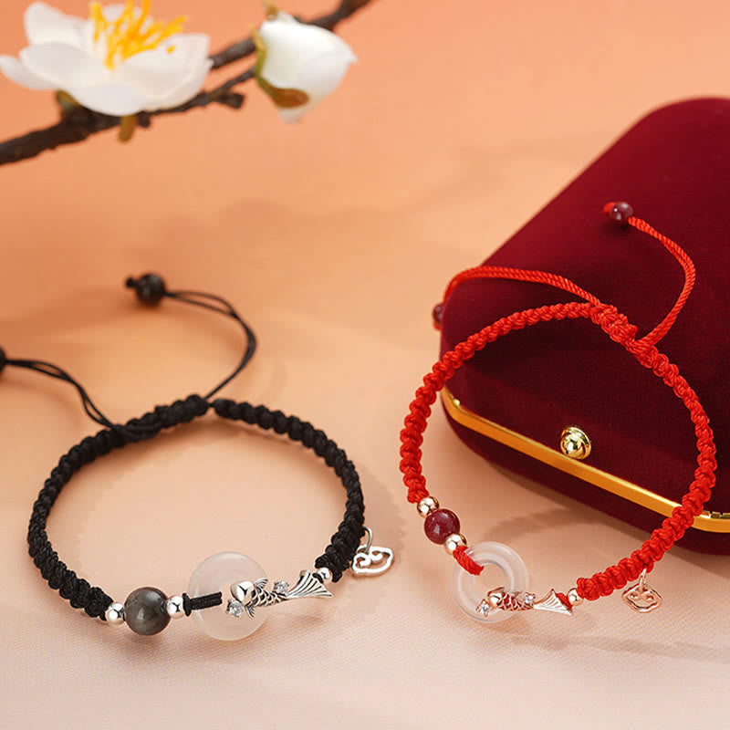 Bracelet unisexe en argent 925 avec boucle de paix et poisson koï en calcédoine