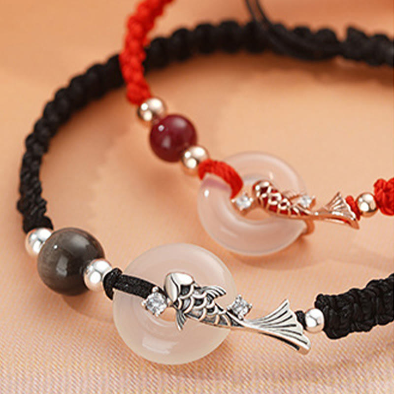 Bracelet unisexe en argent 925 avec boucle de paix et poisson koï en calcédoine
