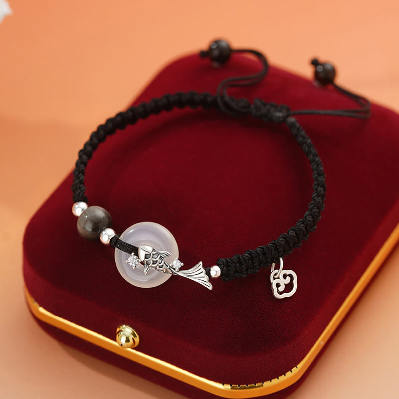 Bracelet unisexe en argent 925 avec boucle de paix et poisson koï en calcédoine
