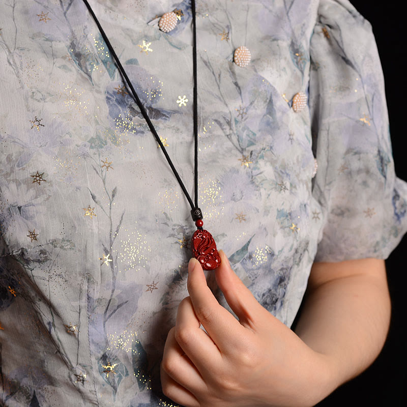 Collier unisexe avec pendentif en cinabre du zodiaque chinois sur corde noire