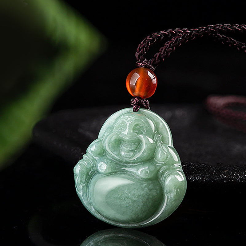 Collier unisexe en jade cyan avec pendentif symbole Bouddha