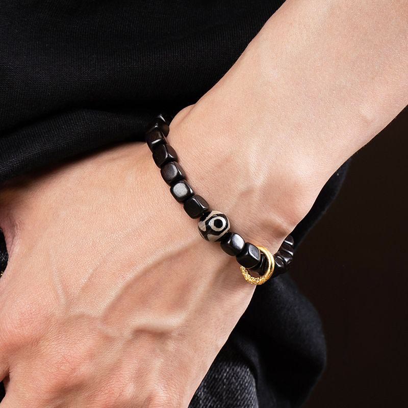 Bracelet d'équilibre unisexe en bois d'ébène et perles Dzi 7 mm