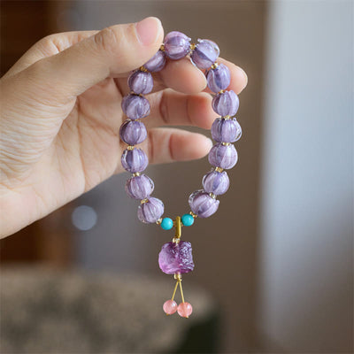 Bracelet unisexe en fluorite avec perles en verre Liuli et breloque lion dansant