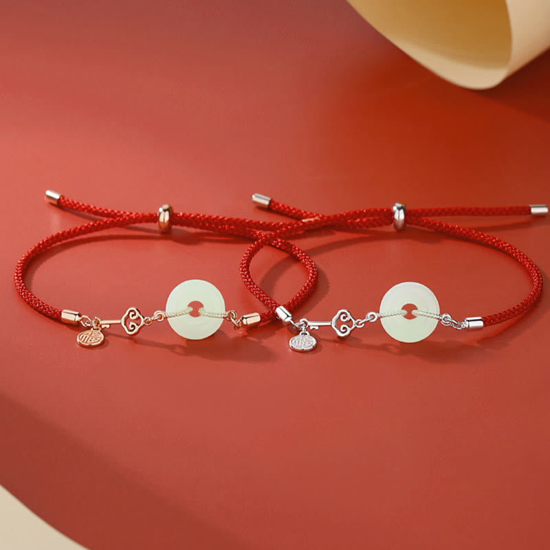 Bracelet unisexe en jade Hetian avec boucle de paix et cordon rouge