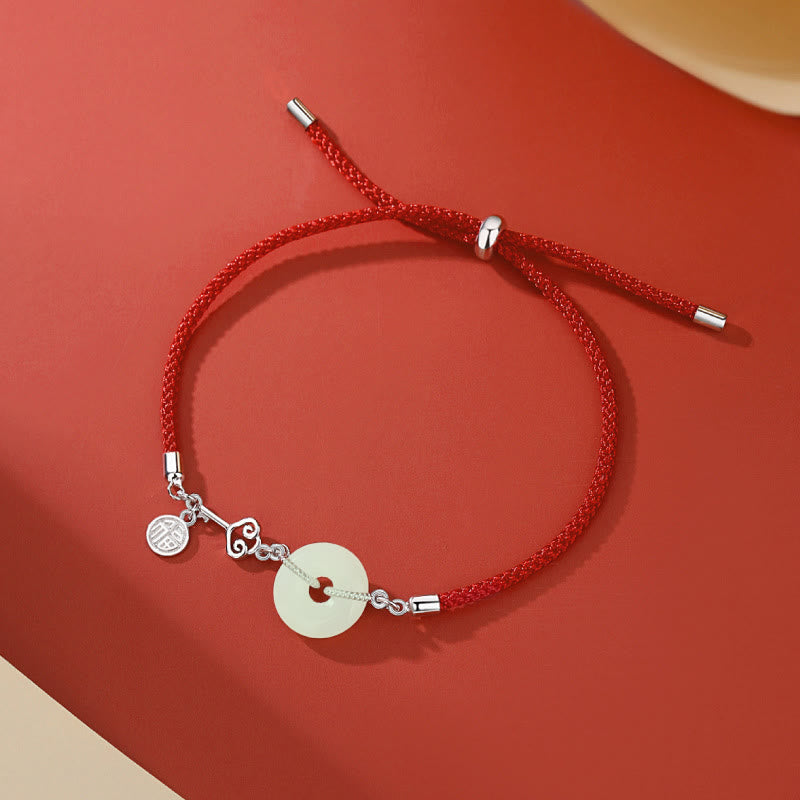 Bracelet unisexe en jade Hetian avec boucle de paix et cordon rouge