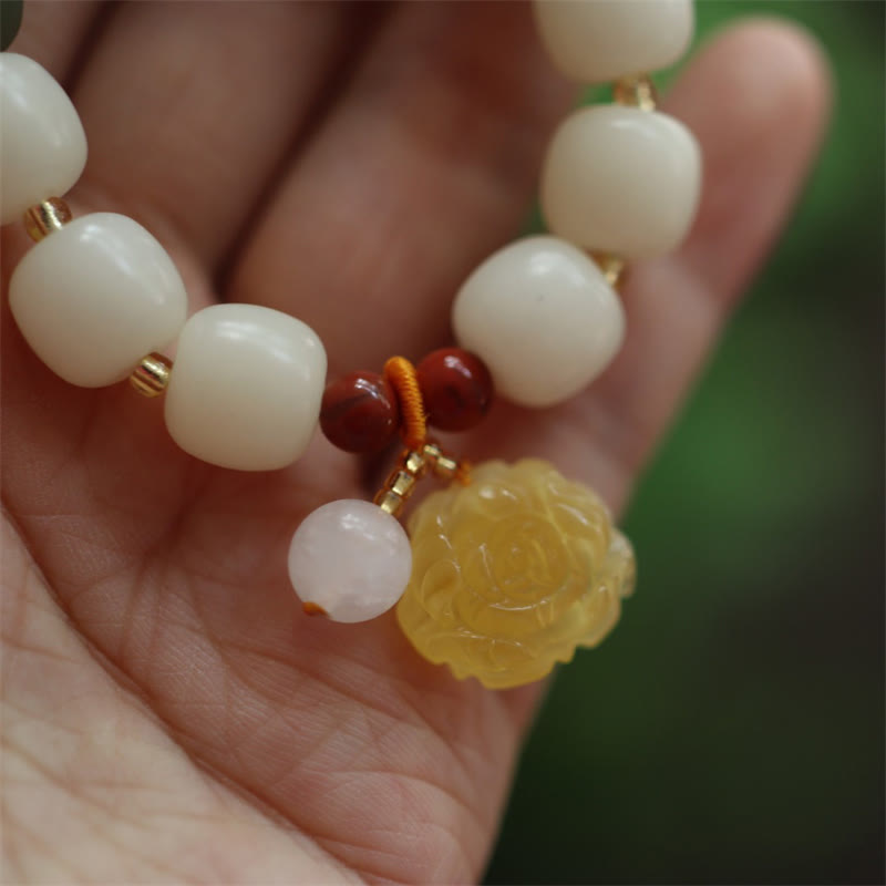 Bracelet Lotus unisexe avec perles de Bodhi, d'ambre et d'agate rouge