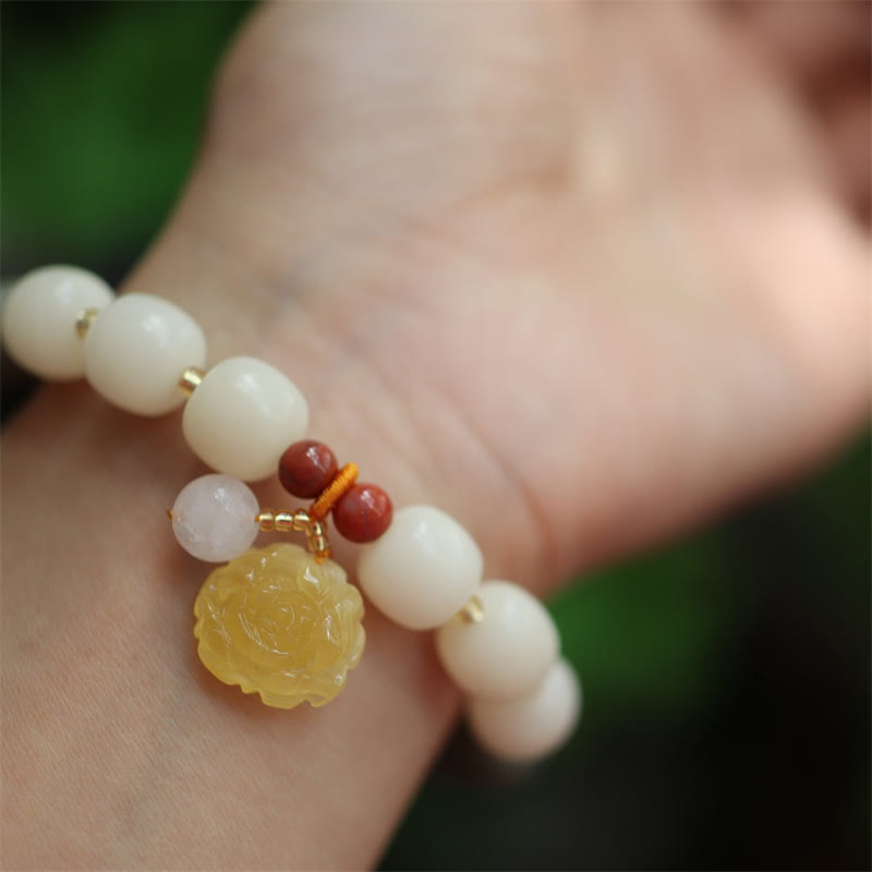 Bracelet Lotus unisexe avec perles de Bodhi, d'ambre et d'agate rouge