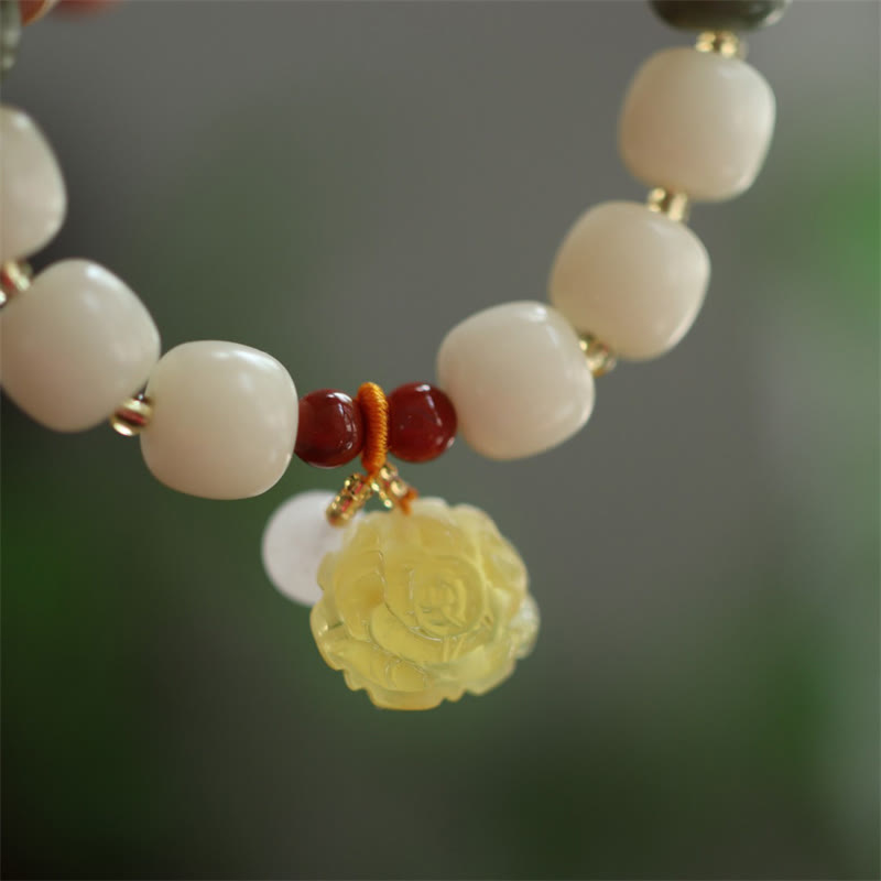 Bracelet Lotus unisexe avec perles de Bodhi, d'ambre et d'agate rouge